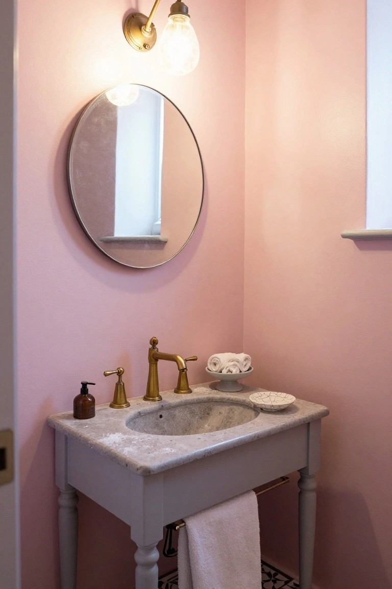 Pink-walled powder room featuring a gray pedestal vanity with stone sink, gold faucet, round mirror above, wall sconce light, and folded towels on the counter.
