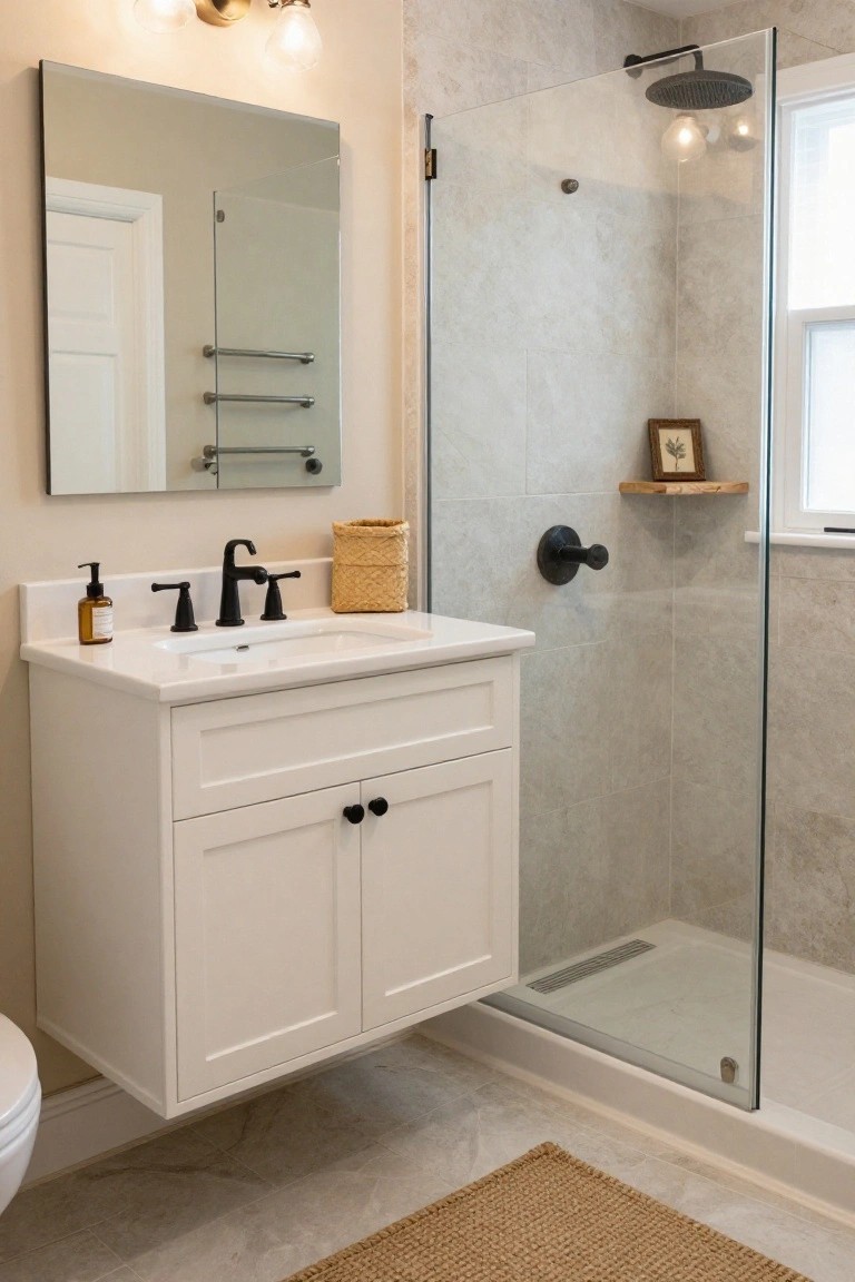 Bathroom featuring a white floating vanity with black faucet, glass shower enclosure with black fixtures, light gray tiled walls and floor, and a toilet.
