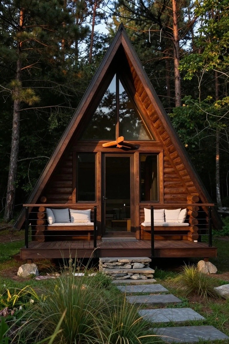Wooden A-frame log cabin with dark log walls, large triangular front windows and glass door, ceiling fan above the entry, deck with cushioned benches and railings, stone steps, and surrounding pine trees and grasses.