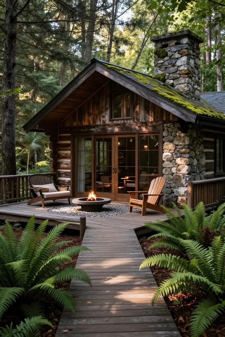 Rustic log cabin exterior with wooden walls, stone chimney, mossy roof, and large glass doors opening to a deck with two wooden chairs around a lit stone fire pit, gravel surround, and a wooden boardwalk path through green ferns in a forested setting.