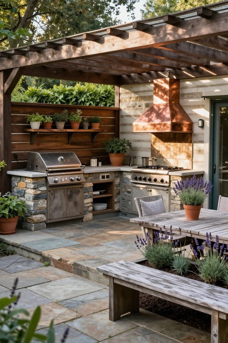 Outdoor kitchen with stainless steel grill and stovetop on stone countertop base, wooden wall cladding and pergola cover, copper vent hood, herb pots on shelves, potted plants, wooden dining table with chairs, and bench on stone tile patio.