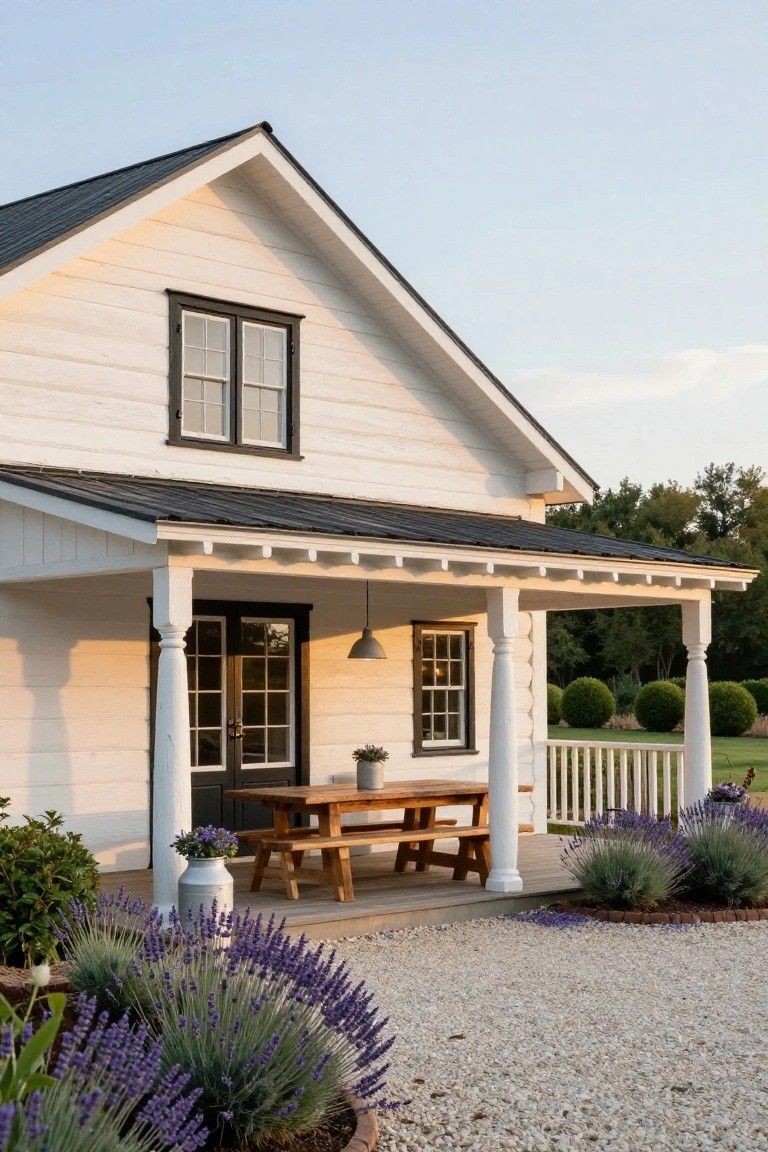 White clapboard house with black metal gable roof, covered front porch supported by turned white columns, wooden picnic table on porch, potted plants, lavender shrubs, and gravel path in front yard.