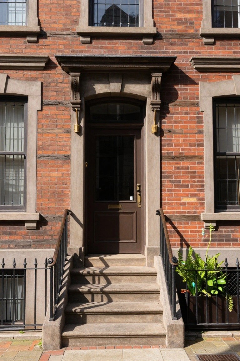 Red brick townhouse exterior with stone-trimmed arched doorway, dark wooden front door, concrete steps, black wrought iron railings, and a potted fern plant beside the right railing.