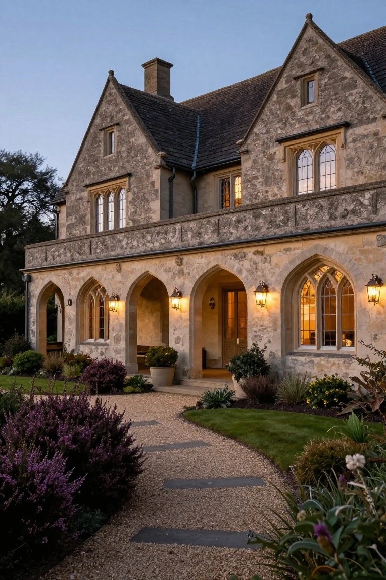 Stone Tudor house exterior at dusk with Gothic arched porch, hanging lanterns, double doors, tall windows, gravel pathway, and purple flowering shrubs in the front garden.