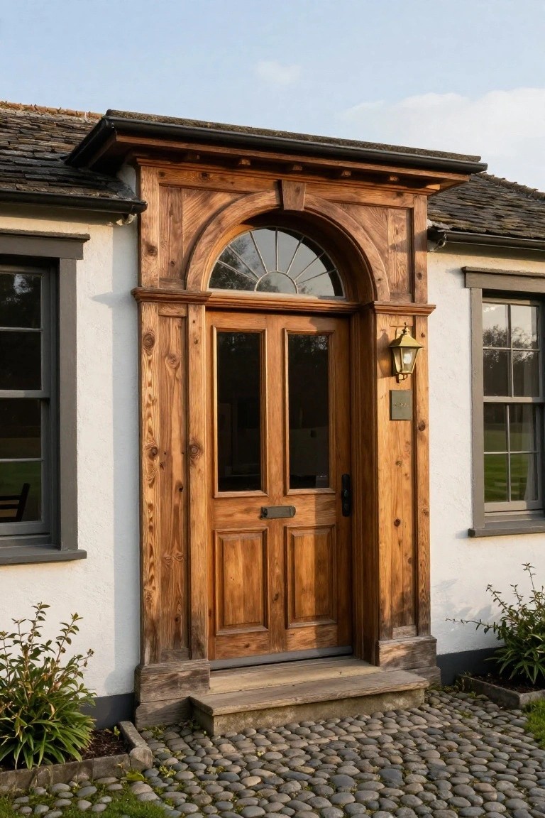 Wooden double front door with glass panels under an arched fanlight window, set in a timber-framed porch on a white stucco house with slate roof edges, brass lantern light, and pebble stone pathway.