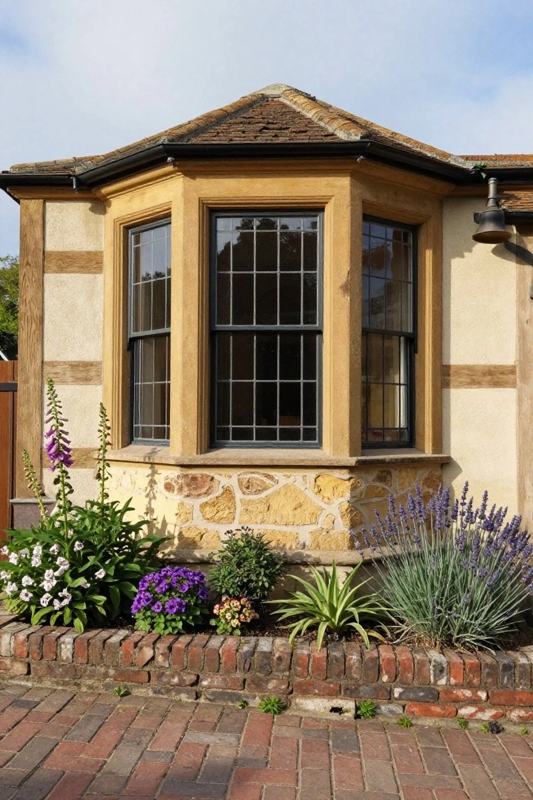Tudor-style house corner with timber framing, beige stucco walls, yellow stone base, black-framed multi-paned bay window, flower beds with lavender and foxgloves, and brick edging on a paved path.