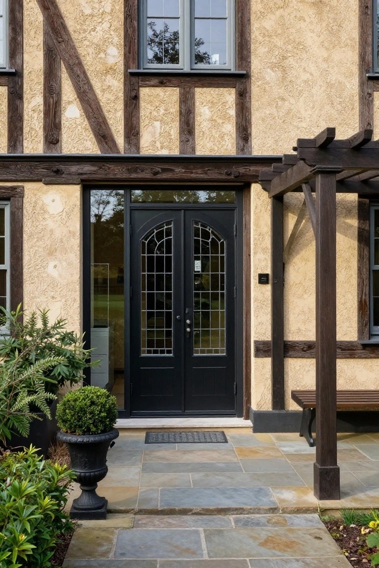 Tudor-style house facade with beige stucco and dark timber framing, featuring a central black arched double door with decorative metal grille glass, flanked by a wooden pergola, bench, and potted plants on a stone pathway.