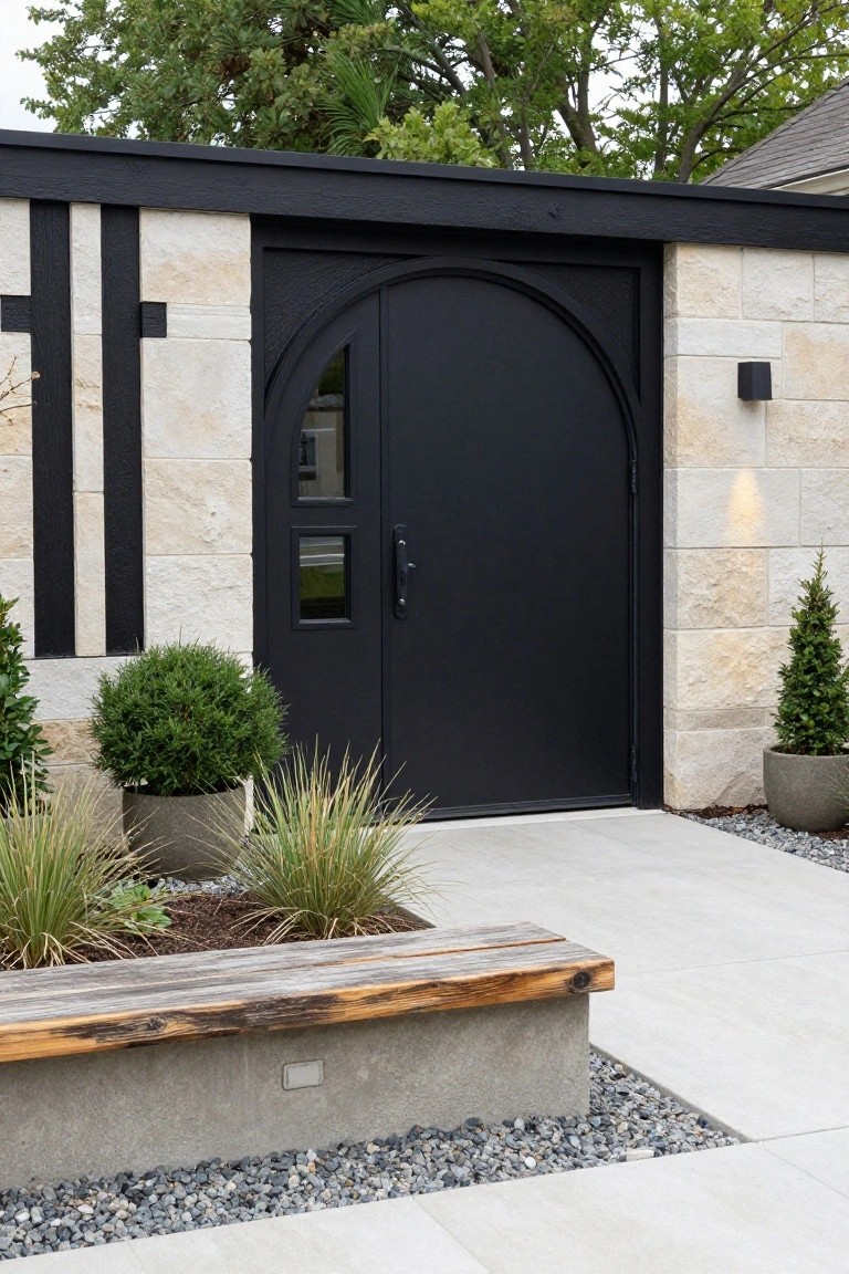 Black arched double door with glass sidelight set in light beige stone wall framed by black timber beams, with potted shrubs, grasses, and a weathered wooden bench on a light stone paver path edged in gravel.