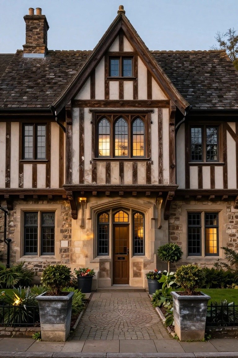 Front view of a two-story Tudor-style house with dark half-timber framing on white plaster upper walls, stone base and entry porch with arched wooden door, potted plants, and a circular stone pathway.