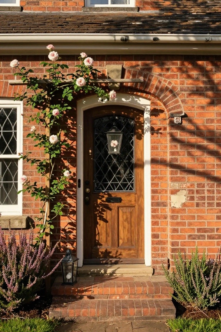 Tudor-style brick house entrance featuring a dark wooden arched door with leaded glass window, climbing pink roses on the archway, purple heather plants on either side, a black metal lantern, and stone steps.