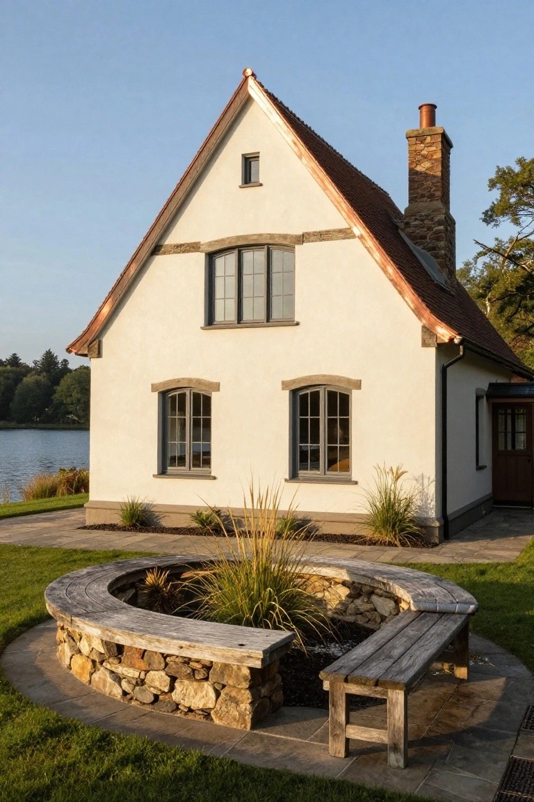 White plaster Tudor-style house with steep red-tiled roof, tall stone chimney, dark-framed arched windows, and wooden accents beside a lake, with curved stone wall bench planter, grasses, lawn, and paved path in foreground.