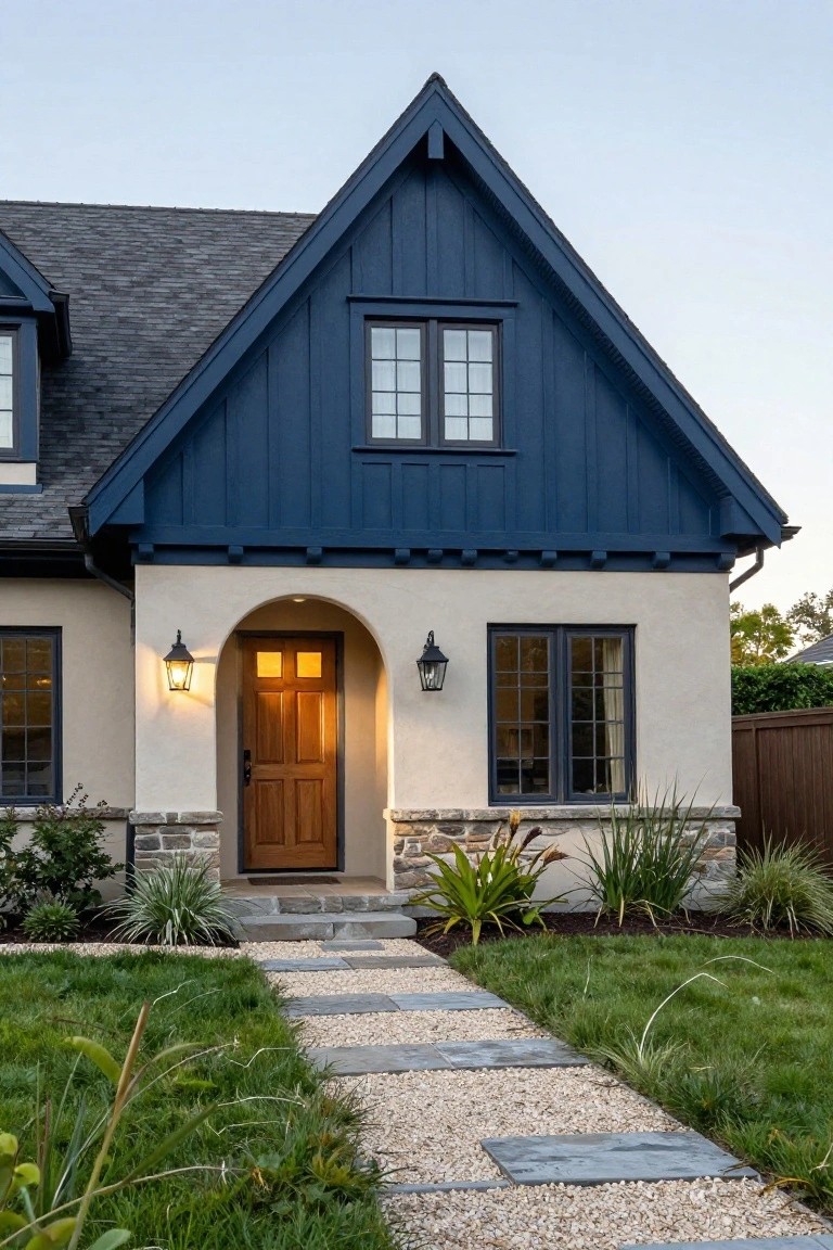 Front view of a house featuring dark blue vertical board-and-batten siding on the gabled upper section and roof edges over light beige stucco walls, with an arched wooden entry door, lanterns, stone base, and a pebbled pathway through grass and plants.