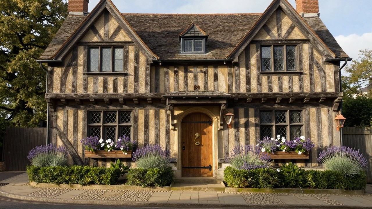 Half-timbered Tudor house with beige plaster walls, arched wooden front door with brass knocker and lanterns, wooden window boxes filled with lavender and white flowers flanking the door, leaded glass windows, and a curved stone pathway through lavender and boxwood landscaping.
