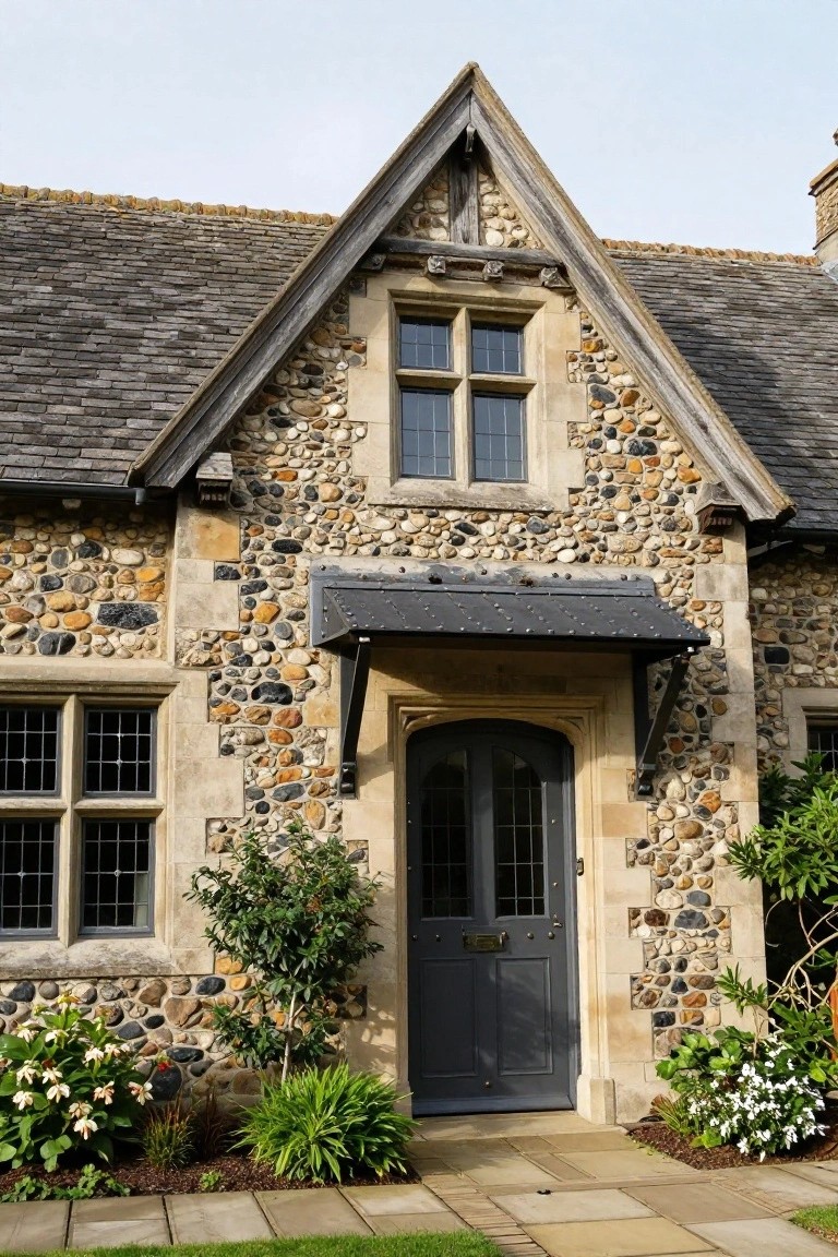 Front exterior of a small Tudor-style house featuring flint pebble stone walls, dark wooden double door entry with arched top under a metal canopy, timber framing, leaded windows, and plants along the base on a stone path.