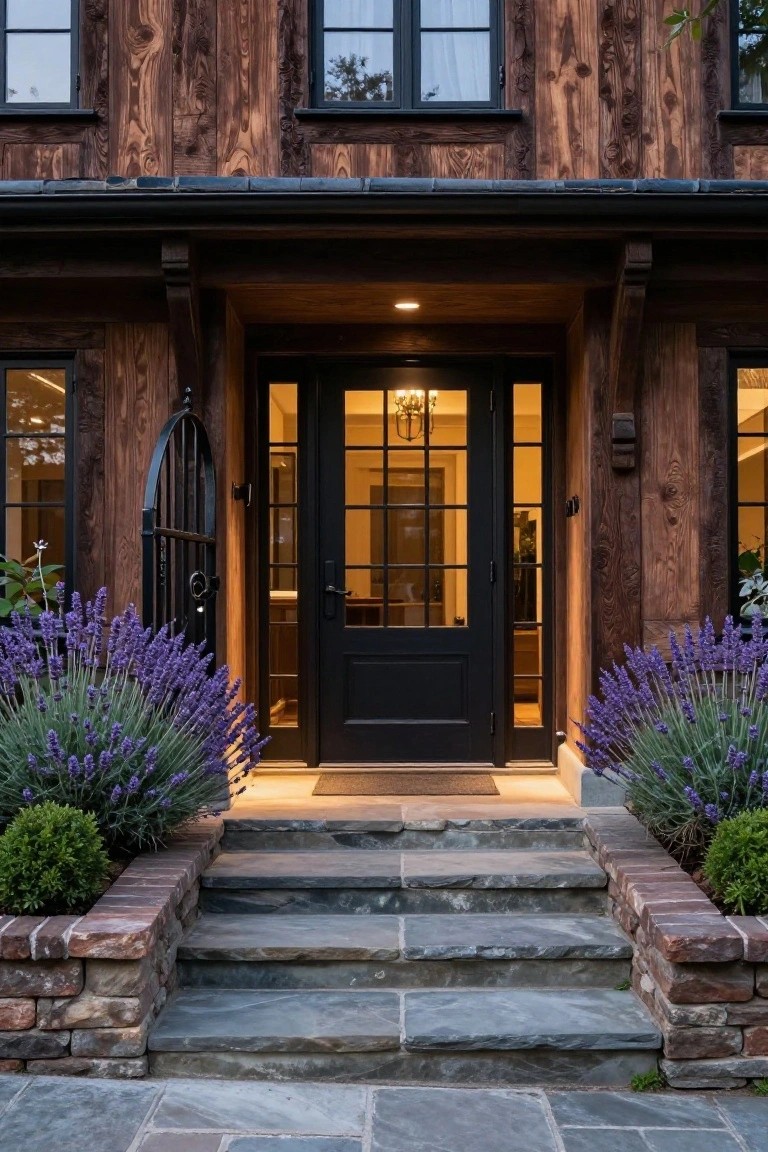 Front entrance of a house with dark wood shingle siding, covered porch featuring a black wrought iron gate, glass door with chandelier visible inside, lavender plants flanking stone steps, and brick planters with boxwoods.