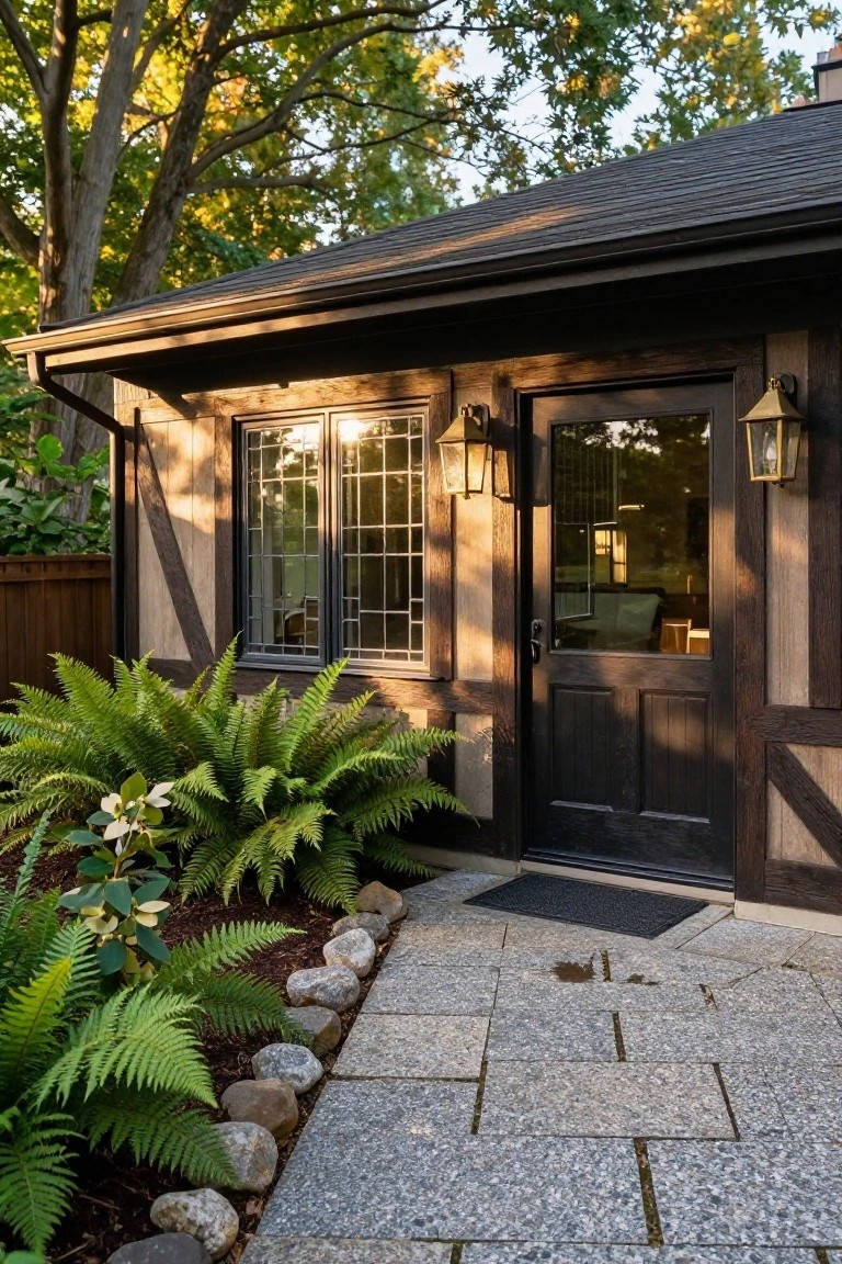 Tudor-style outbuilding exterior with dark half-timbered walls, a black paneled glass entry door flanked by two brass lanterns, leaded glass windows, lush green ferns and plants along the base, bordered by rocks and a stone paver path.