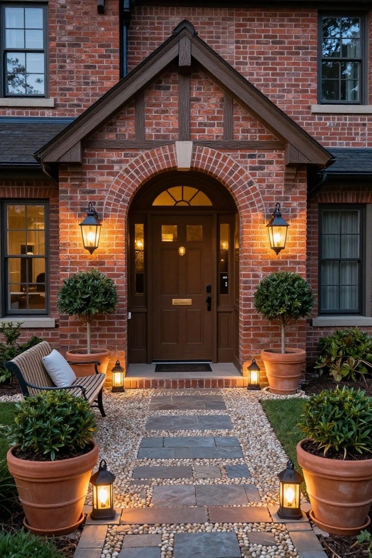 Tudor-style brick house entrance featuring an arched doorway with dark wood door, flanked by wall-mounted lanterns, potted topiary plants, a wooden bench, terracotta pots, and a stone pathway with pebble inlays lit by additional lanterns.