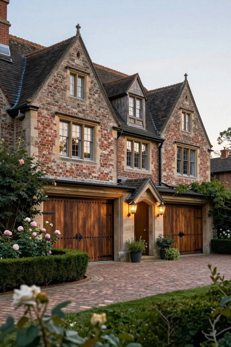 Tudor-style house exterior with brick and stone walls, steeply pitched gabled roofs, double wooden garage doors with iron hardware, central arched stone entry with lanterns, and surrounding shrubs and roses on a brick-paver driveway at dusk.