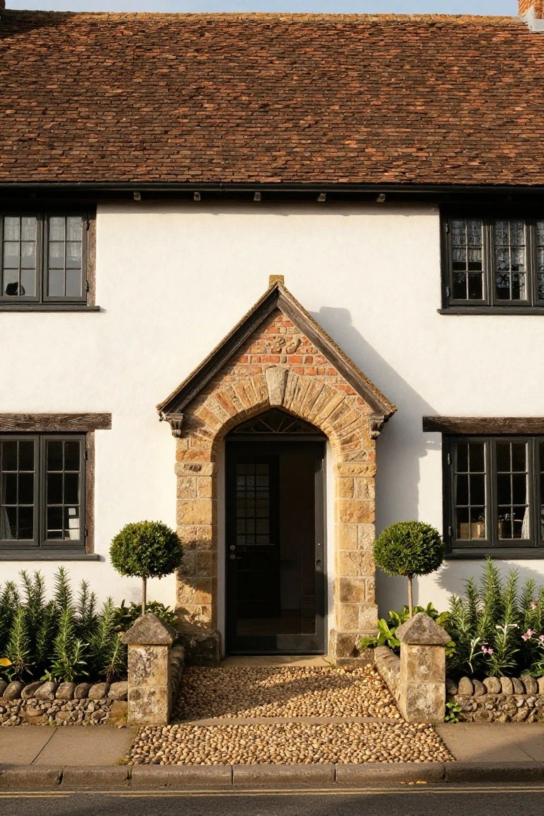 White half-timbered house with black-framed windows, central arched stone and brick porch entry, flanked by boxwood shrubs on stone pedestals, gravel path, and low plantings.