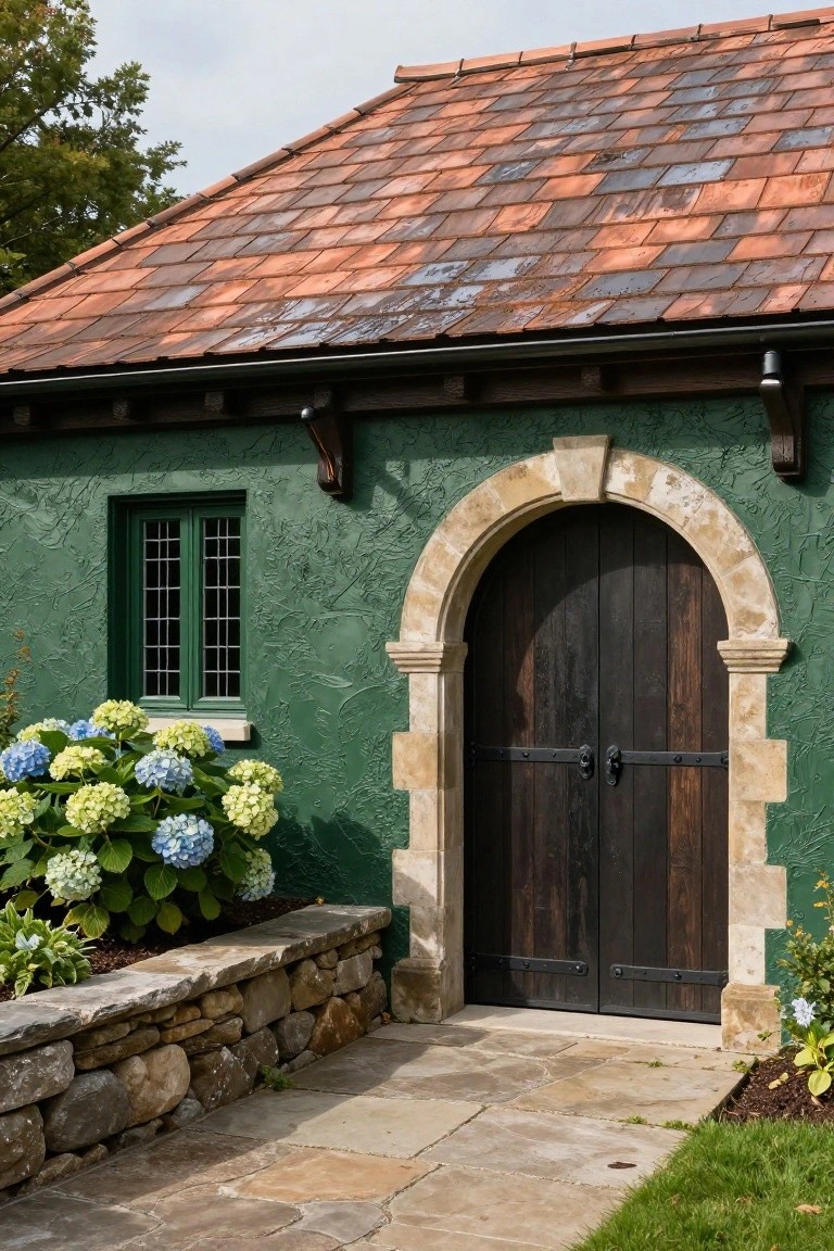 Green stuccoed building with arched beige stone doorway containing dark wooden double doors, small green-framed window to the side, blue hydrangea bushes in front, low stone retaining wall, and flagstone path.