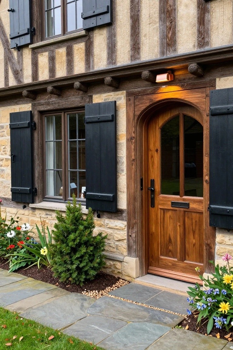 Tudor-style house exterior with half-timbering and stone walls, featuring a wooden arched front door with glass panels and black shutters on flanking windows, surrounded by flower beds and a slate pathway.