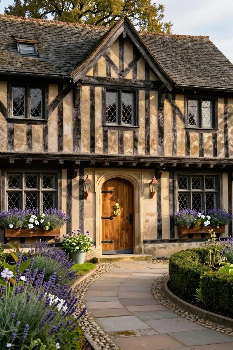 Half-timbered Tudor house with beige plaster walls, arched wooden front door with brass knocker and lanterns, wooden window boxes filled with lavender and white flowers flanking the door, leaded glass windows, and a curved stone pathway through lavender and boxwood landscaping.