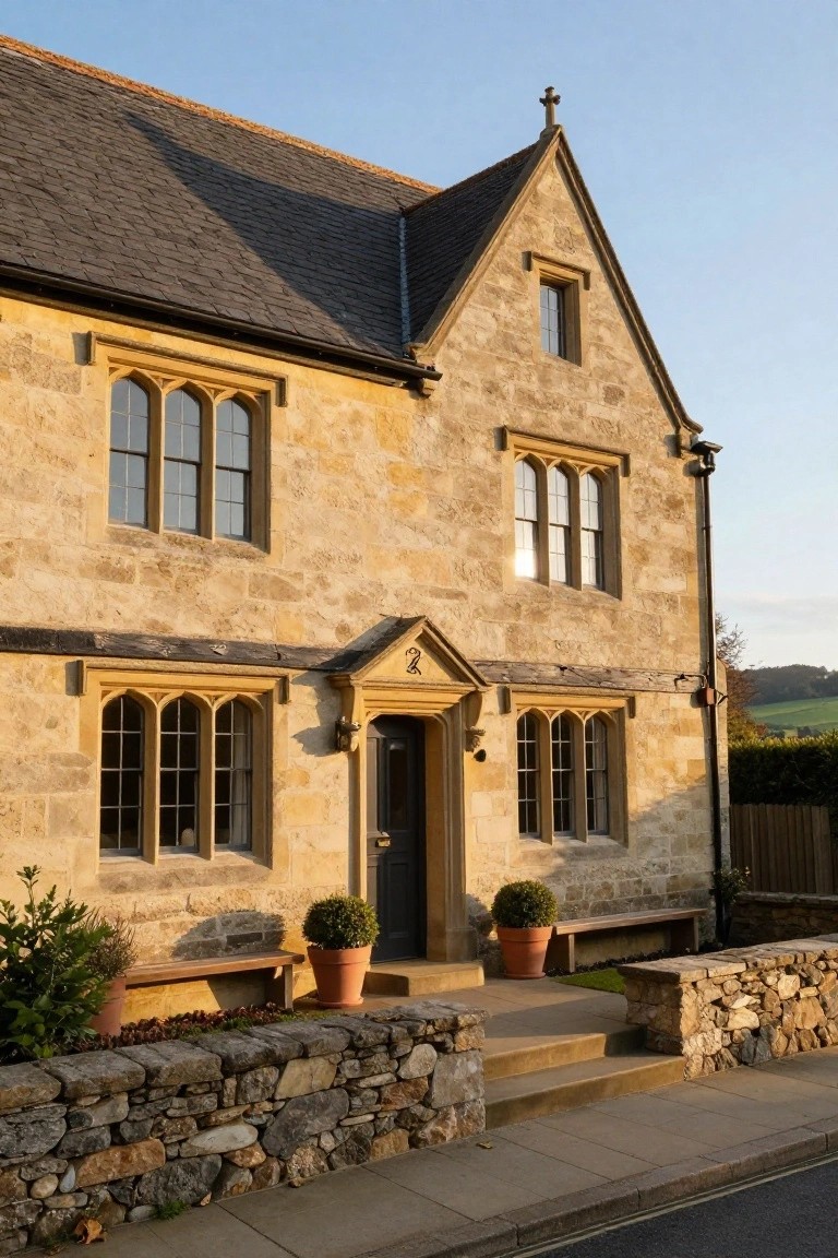 Two-story house built from beige limestone blocks with Gothic arched windows, slate roof, small covered entry porch, potted shrubs, wooden bench, and low stone walls along the front path.
