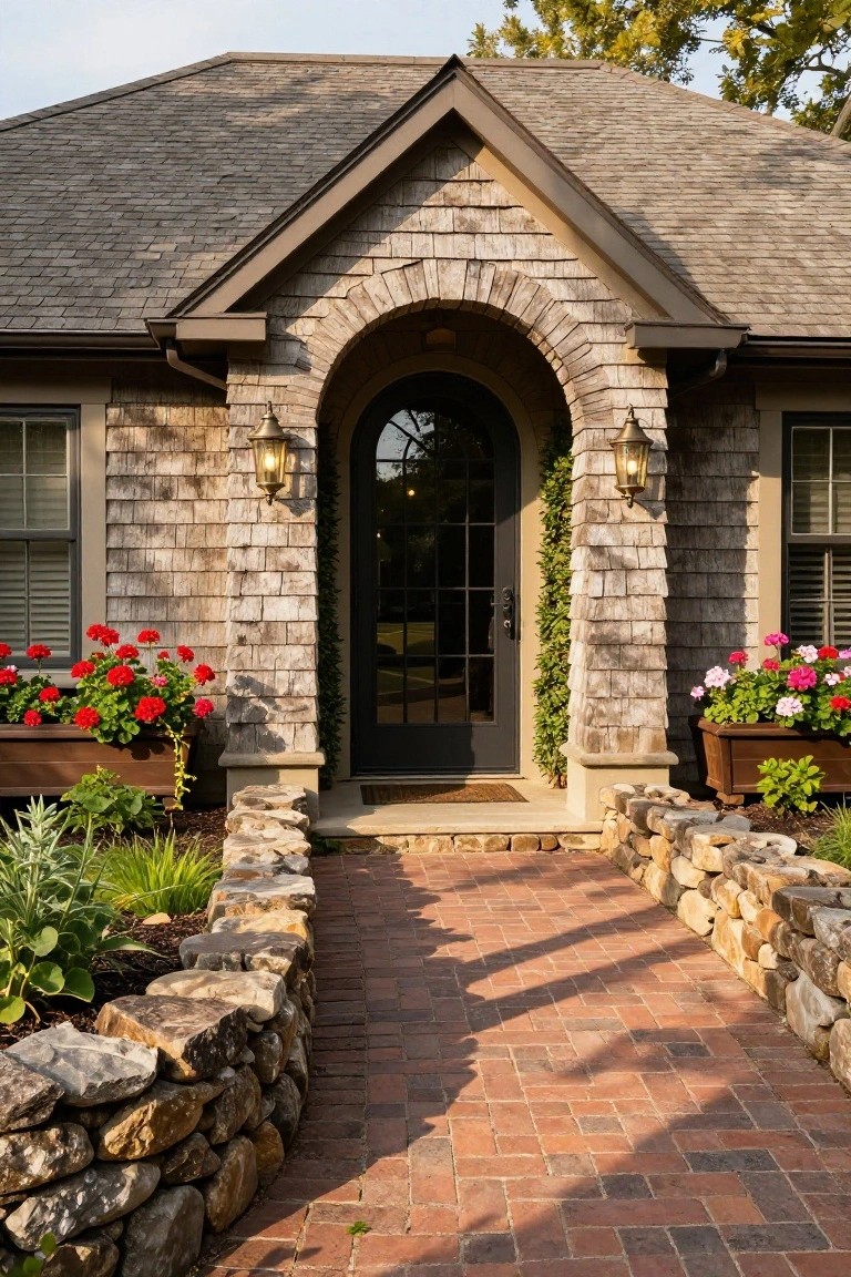 Shingle siding house exterior with arched black front door, glass panels, wall lanterns, geranium flower boxes, ivy-covered column, stone retaining walls, and brick pathway.