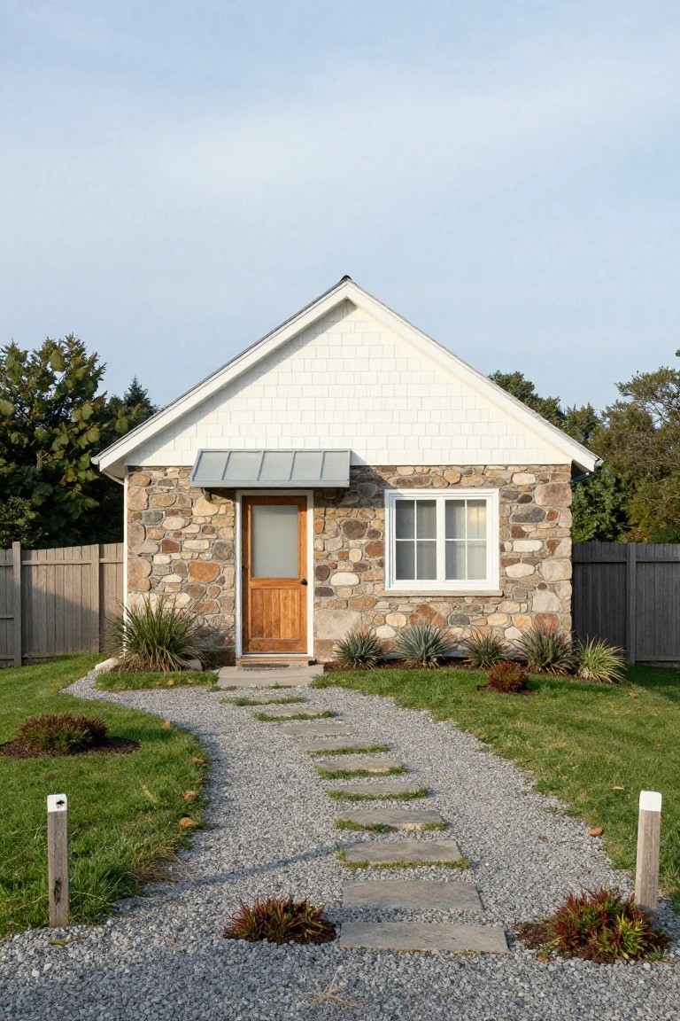 Small single-story cottage exterior with fieldstone lower walls, white shiplap upper siding and gable roof, wooden entry door under metal awning, double window beside it, gravel pathway with stone steps, low plants, and wooden fence in background.