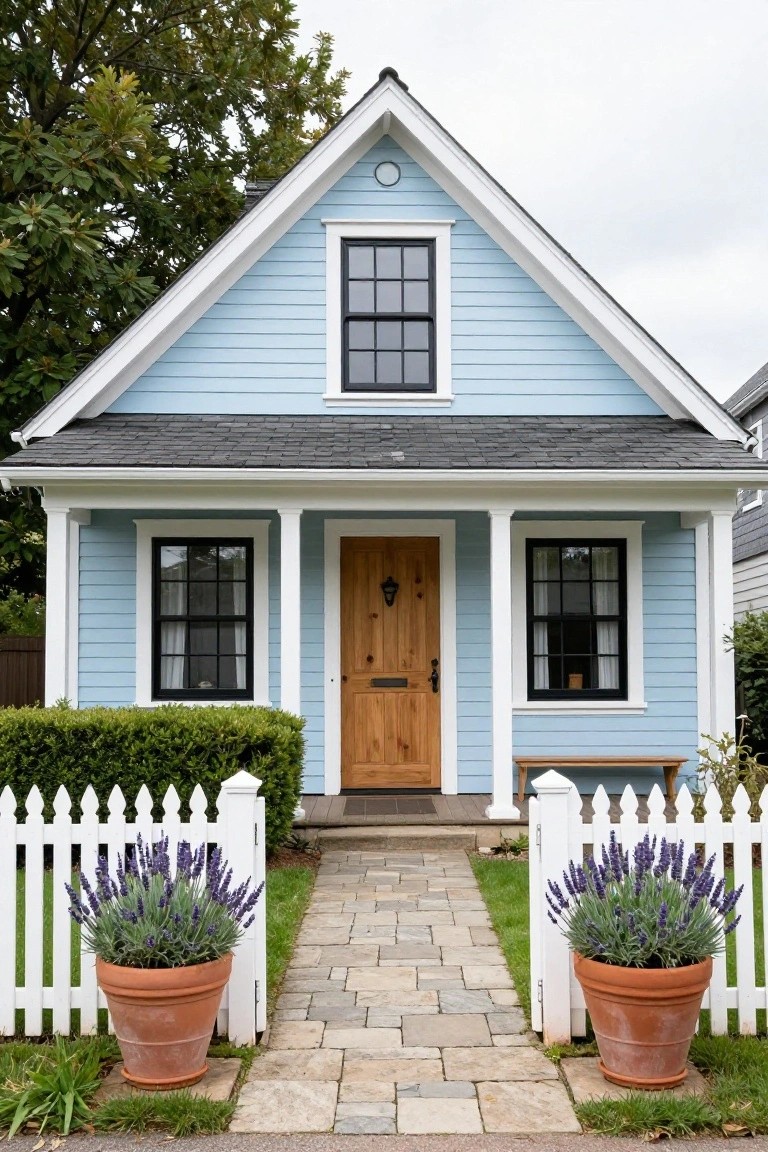 Charming light blue cottage with white trim, wooden door, and lavender pots.