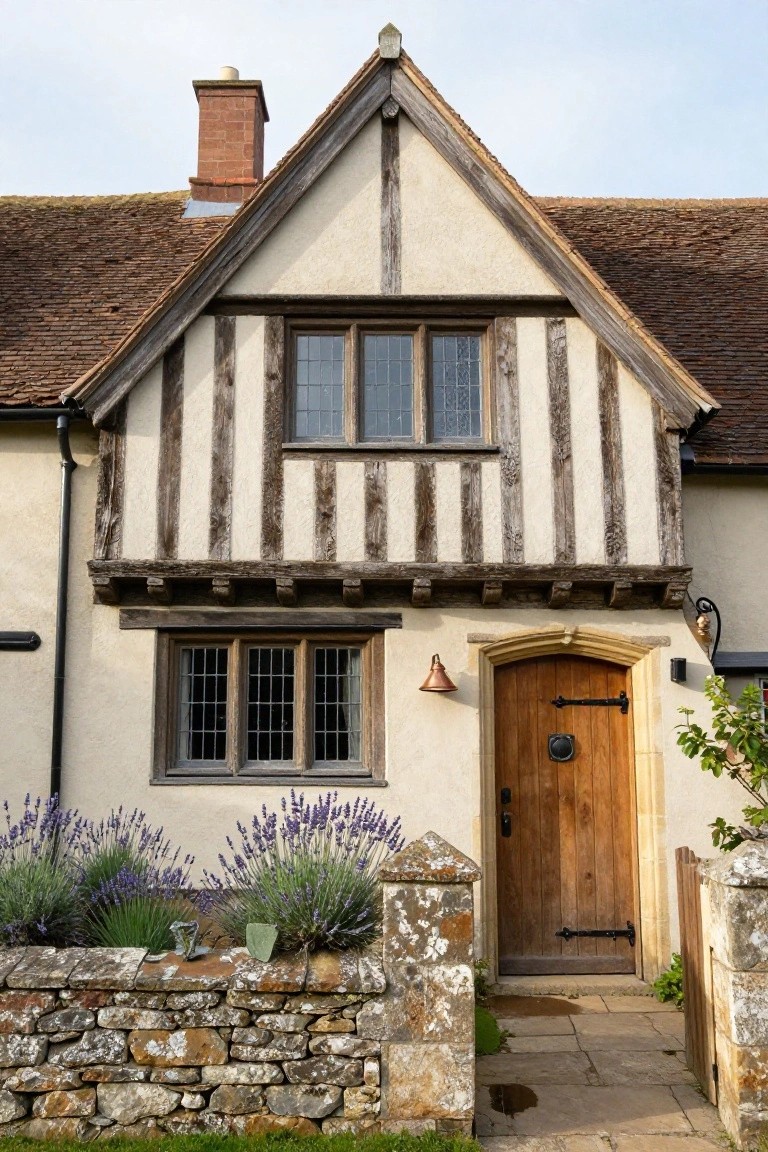 Half-timbered cottage exterior with dark wooden beams and white plaster walls, steeply pitched tiled roof, arched wooden front door with lantern, lavender plants in a stone wall bed, and stone pathway leading to the entrance.