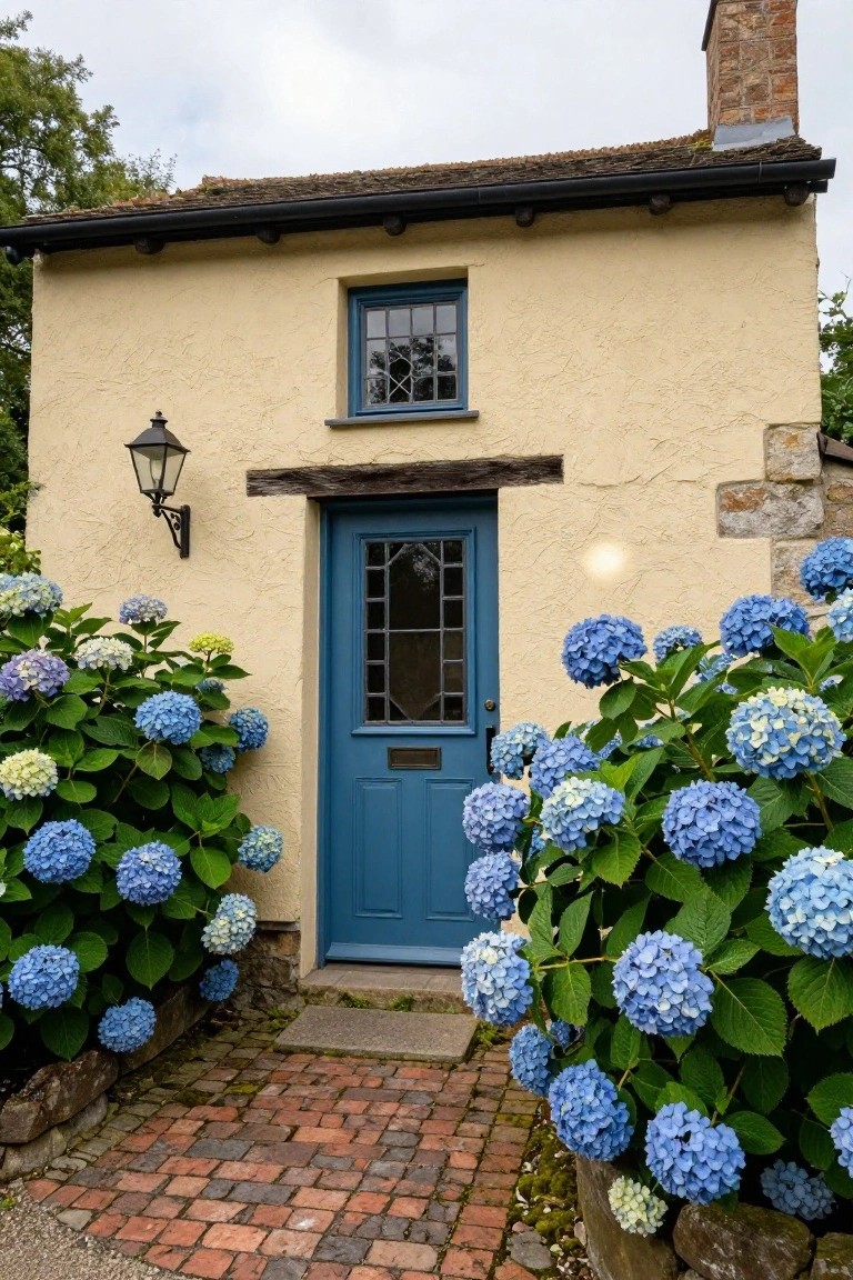 A small pale yellow cottage with textured walls, a blue front door featuring leaded glass panels, large hydrangea bushes with blue and white blooms flanking the entry, a brick pathway, and a wall-mounted lantern.