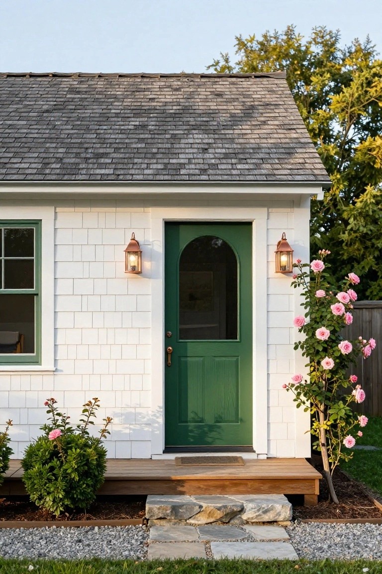 White shingled cottage exterior with green arched front door, green window, copper lanterns, climbing pink roses, boxwood shrubs, wooden stoop, stone steps, and gravel path.