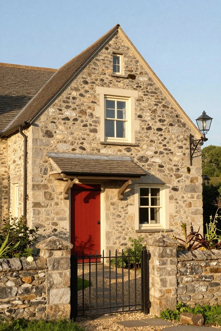 Stone cottage with gabled roof, red front door under a small porch, black metal gate in stone wall, plants nearby, and lantern light.