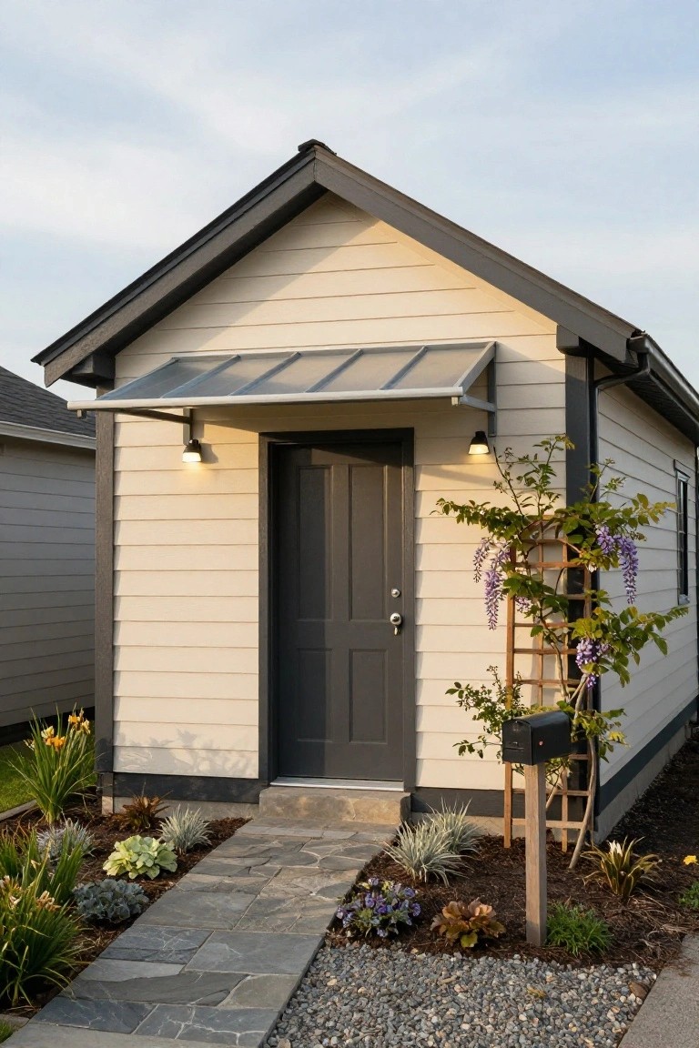 Small modern cottage with beige horizontal siding and black trim, featuring a dark front door under a gray metal awning with wall-mounted lights, wooden trellis with purple wisteria flowers beside the door, black mailbox, stone slab pathway, and low garden plantings with gravel edging.