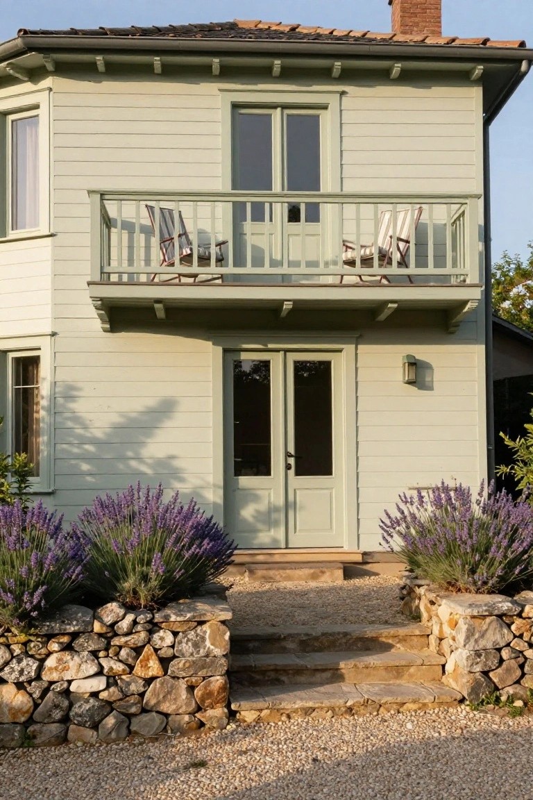 Light green clapboard house exterior with upper balcony, two Adirondack chairs, double glass front doors, flanked by lavender in rustic stone retaining walls, and stone steps leading from gravel path.