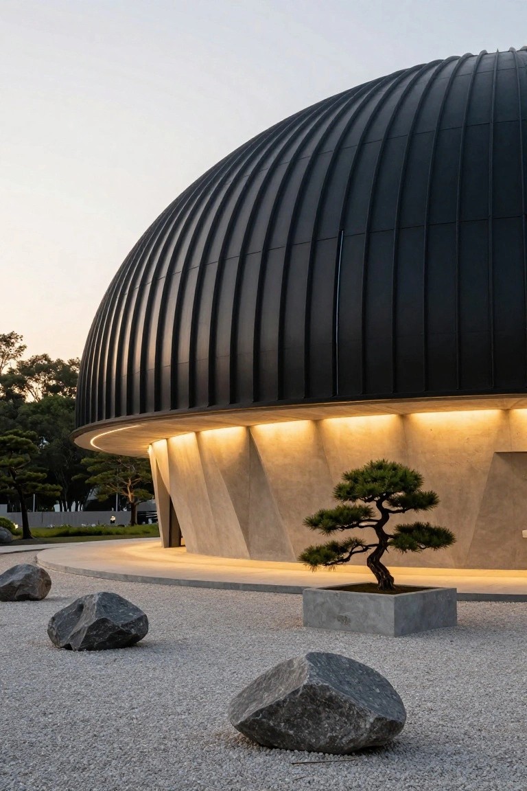 Black curved metal dome building with concrete base and warm base lighting at dusk, next to gravel garden with large rocks and potted bonsai pine tree.