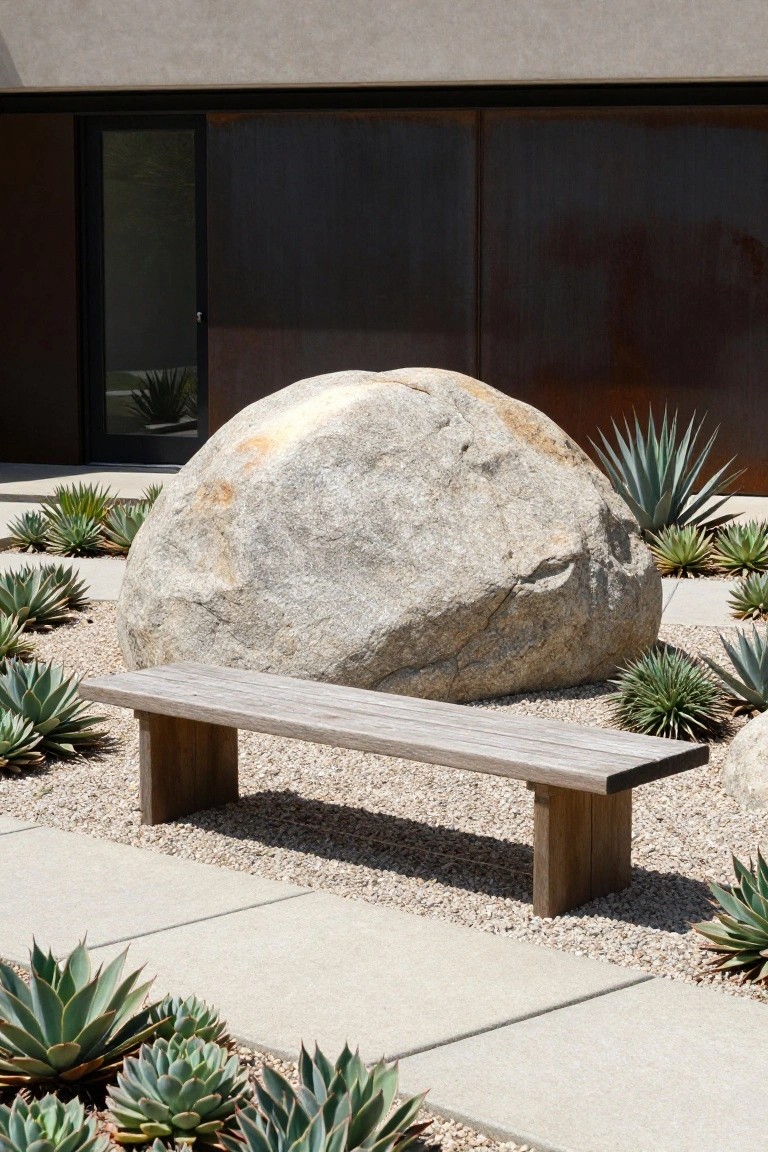 A large gray boulder next to a wooden bench in a gravel garden with agave plants and agave succulents, beside a modern house wall and concrete path.