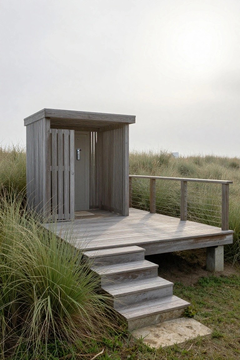 Small wooden slatted enclosure with gray door on elevated wooden deck platform with cable railings and steps, surrounded by beach dunes and grasses.