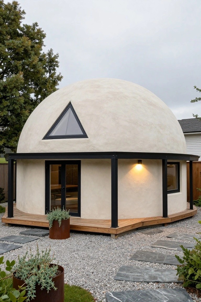 Beige plaster geodesic dome on a curved wooden deck with black steel frame and posts, featuring a triangular window, glass entry doors, side window, gravel yard, stone stepping stones, and metal planters with plants.
