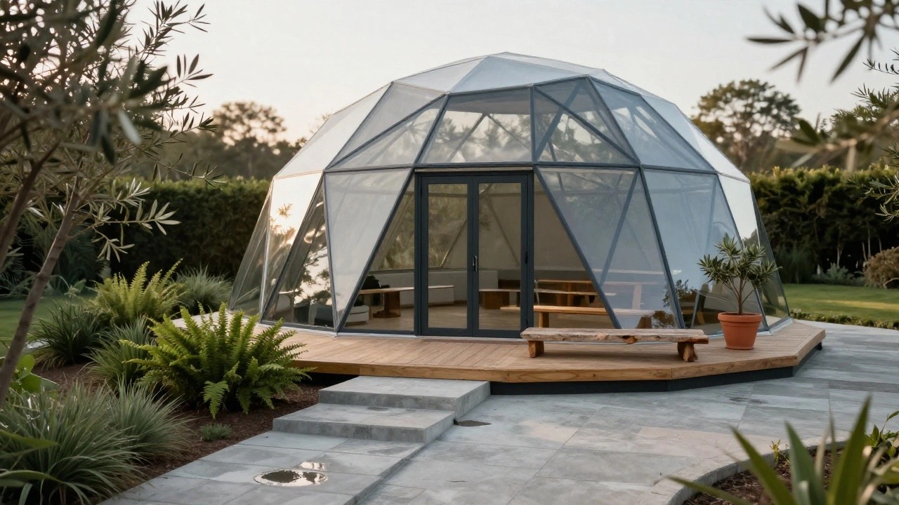 White and clear glass paneled geodesic dome home with a glass door entry on a wooden deck, surrounded by potted plants, ferns, agaves, and trees on a stone path.