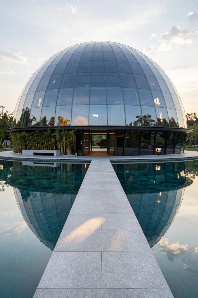 Glass-paneled geodesic dome house reflected in a surrounding rectangular pool at dusk, with a straight stone pathway crossing the water to a black-framed entrance area lined with bamboo plants.