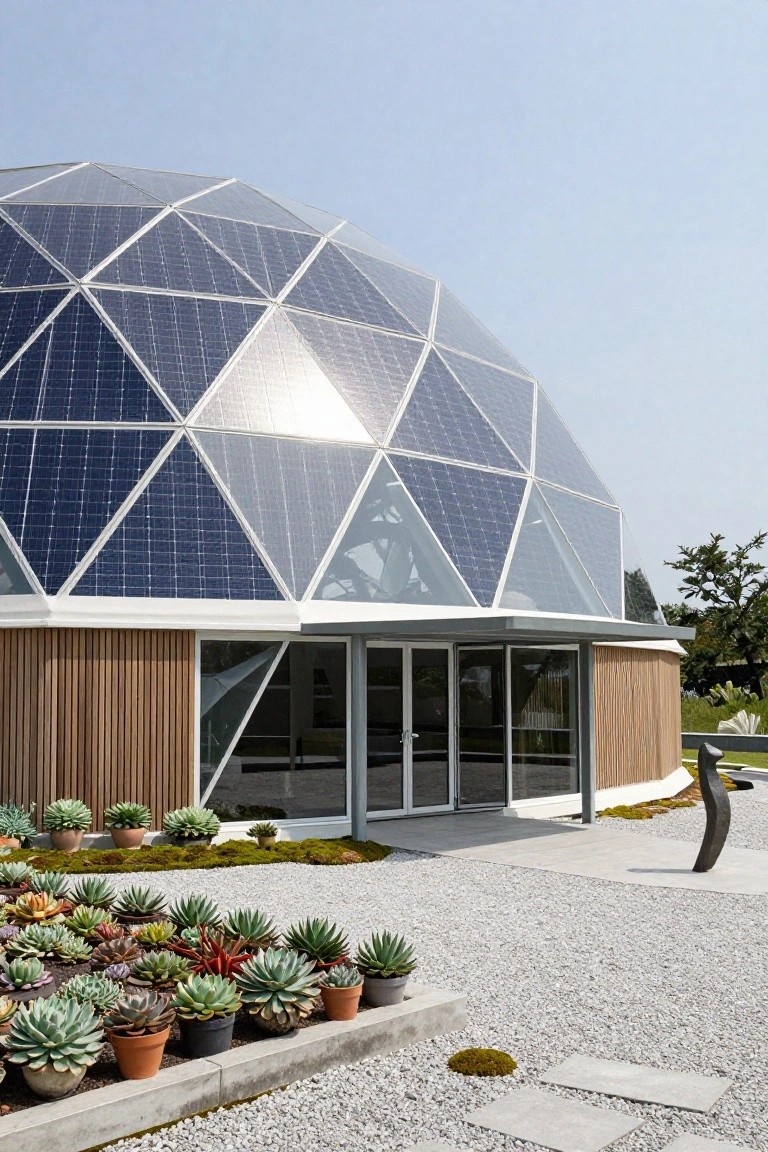 A geodesic dome home with solar panels integrated into its triangular glass and frame structure, a wood-clad entrance with glass doors, and gravel landscaping with potted succulents in front.