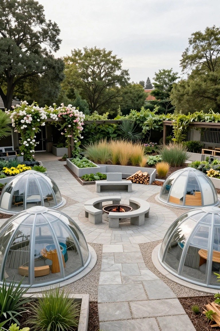 Paved courtyard with four transparent geodesic dome enclosures arranged in a circle around a central stone fire pit containing burning wood, surrounded by raised garden beds, grasses, and trees.