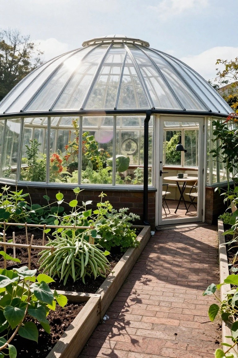 Glass geodesic dome greenhouse structure with plants visible inside, open door revealing a small table and two chairs, surrounded by raised garden beds and plants along a brick path.