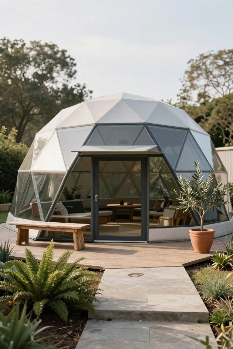 White and clear glass paneled geodesic dome home with a glass door entry on a wooden deck, surrounded by potted plants, ferns, agaves, and trees on a stone path.