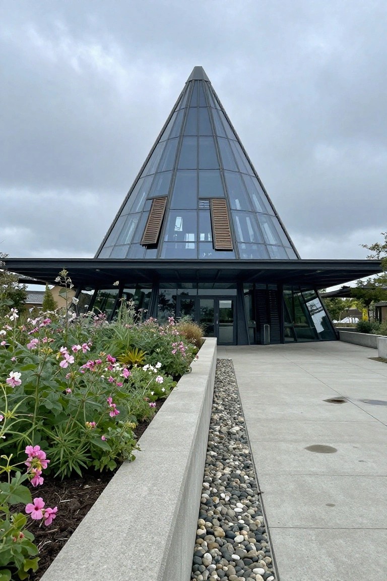 Exterior of a modern tall pyramidal glass building with dark metal frames, wooden shutters, glass entrance, pink flower beds in concrete planters, and gravel path under cloudy sky.