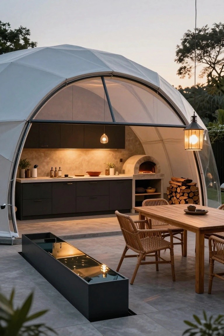White geodesic dome pavilion containing a modern outdoor kitchen with dark cabinets, beige tiled backsplash, wood-fired oven, and counters, next to a wooden dining table with rattan chairs on a gray tiled patio surrounded by plants and trees at dusk.