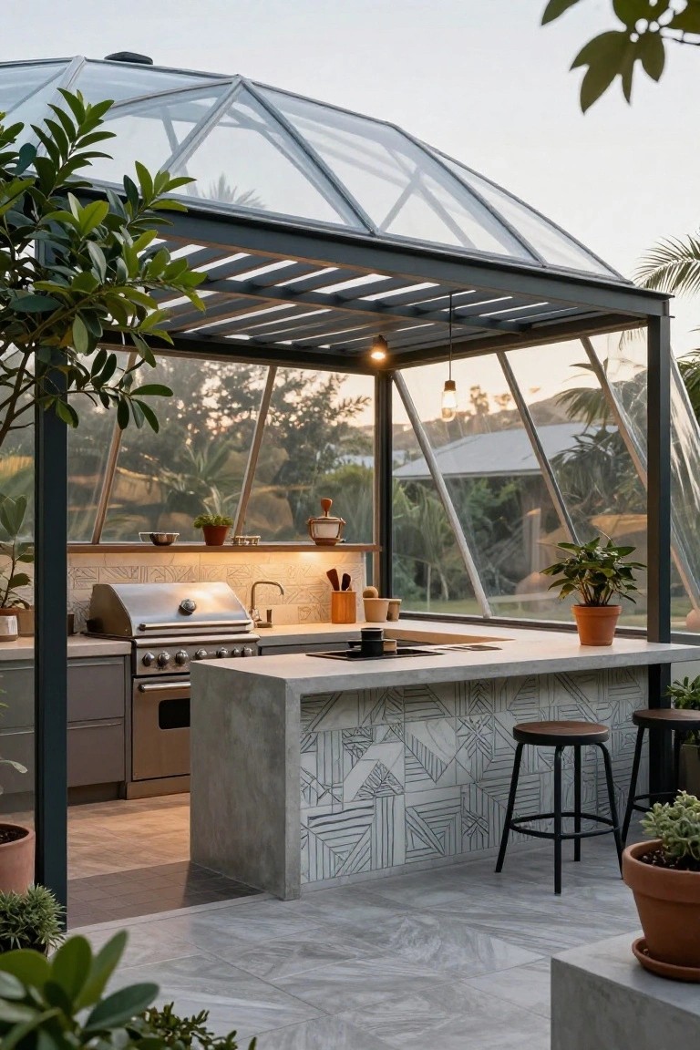 Outdoor kitchen with stainless steel grill, sink, concrete countertop with geometric tile backsplash, and two bar stools under a glass geodesic dome structure surrounded by potted plants and tropical greenery.