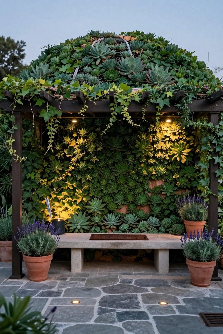 Wooden pergola with rounded roof and walls densely covered in green succulents and ivy, a metal-trimmed concrete bench in the center flanked by terracotta pots of lavender, on a slate stone patio with in-ground lights.